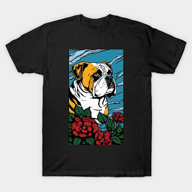 Bulldog Vibrant Tropical Flower Tall Retro Vintage Digital Pop Art Portrait T-Shirt by ArtHouseFlunky